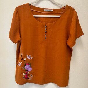 Banana Republic Top- Fall Embroidered Artsy Boho Vibe, Red Orange, Timeless 2X
